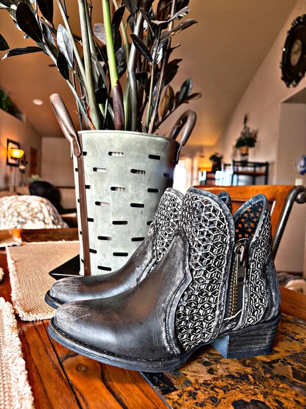 Woven Detail Black Leather Ankle Booties